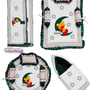 Embrodery Work Baby bedding set | 1 Squair Mattress with 3 Pillows | 1 Round Mattress with 3 Pillow | 1 Carry bag | 1 Baby Craddle (0-12M)