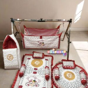 Embrodery Work Baby bedding set | 1 Squair Mattress with 3 Pillows | 1 Round Mattress with 3 Pillow | 1 Carry bag | 1 Baby Craddle (0-12M) (Copy)
