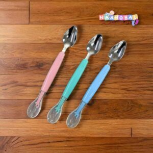 2 In 1 Silicone Baby Soft Tip Spoon & Stainless Steel Fruit Scraper Spoon For Toddler |Multi-Use Bpa Free Fruit Scraping & Feeding Spoons With Travel Case (Pack of 1)
